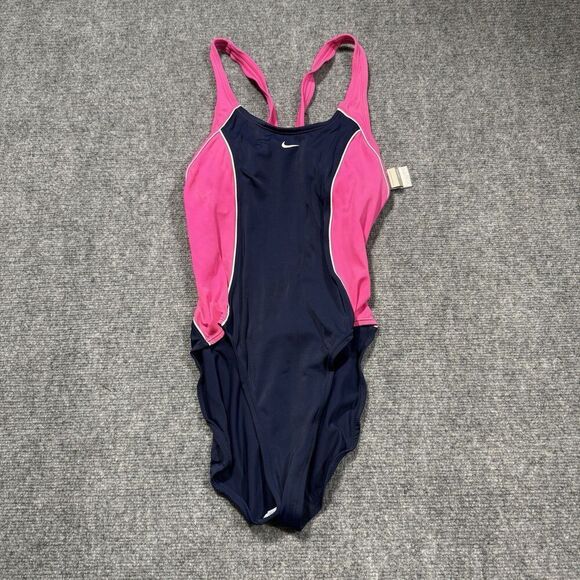 Nike One Piece Swimsuit Womens 12 Blue Pink Racerback Athletic Logo Swim Beach - Picture 1 of 9